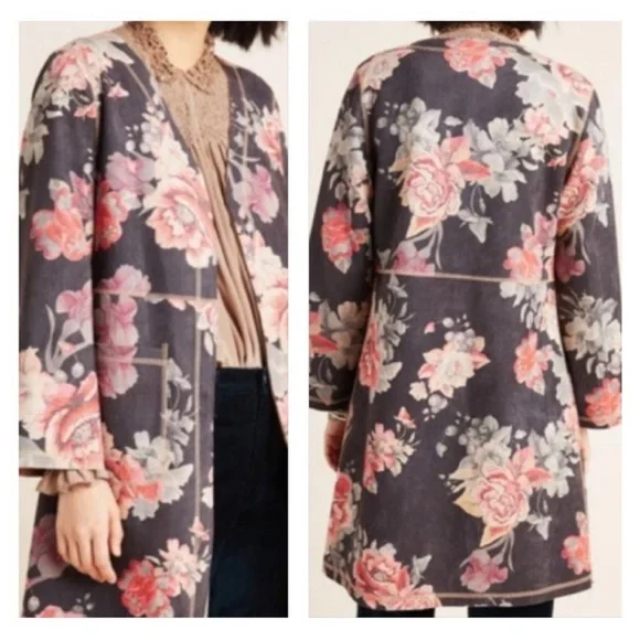 Anthropologie Solitaire Faux Suede Jacket statement piece cherry red floral - Picture 12 of 13